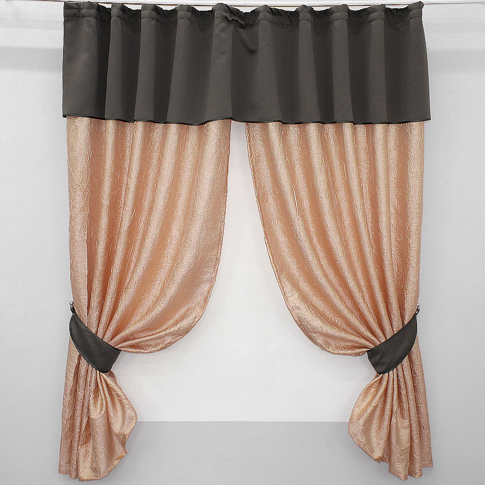 Кухонные шторы VR-Textil № 073к с ламбрекеном и подхватами персиковый с какао 260х170 см (52-0102) Киев - изображение 1