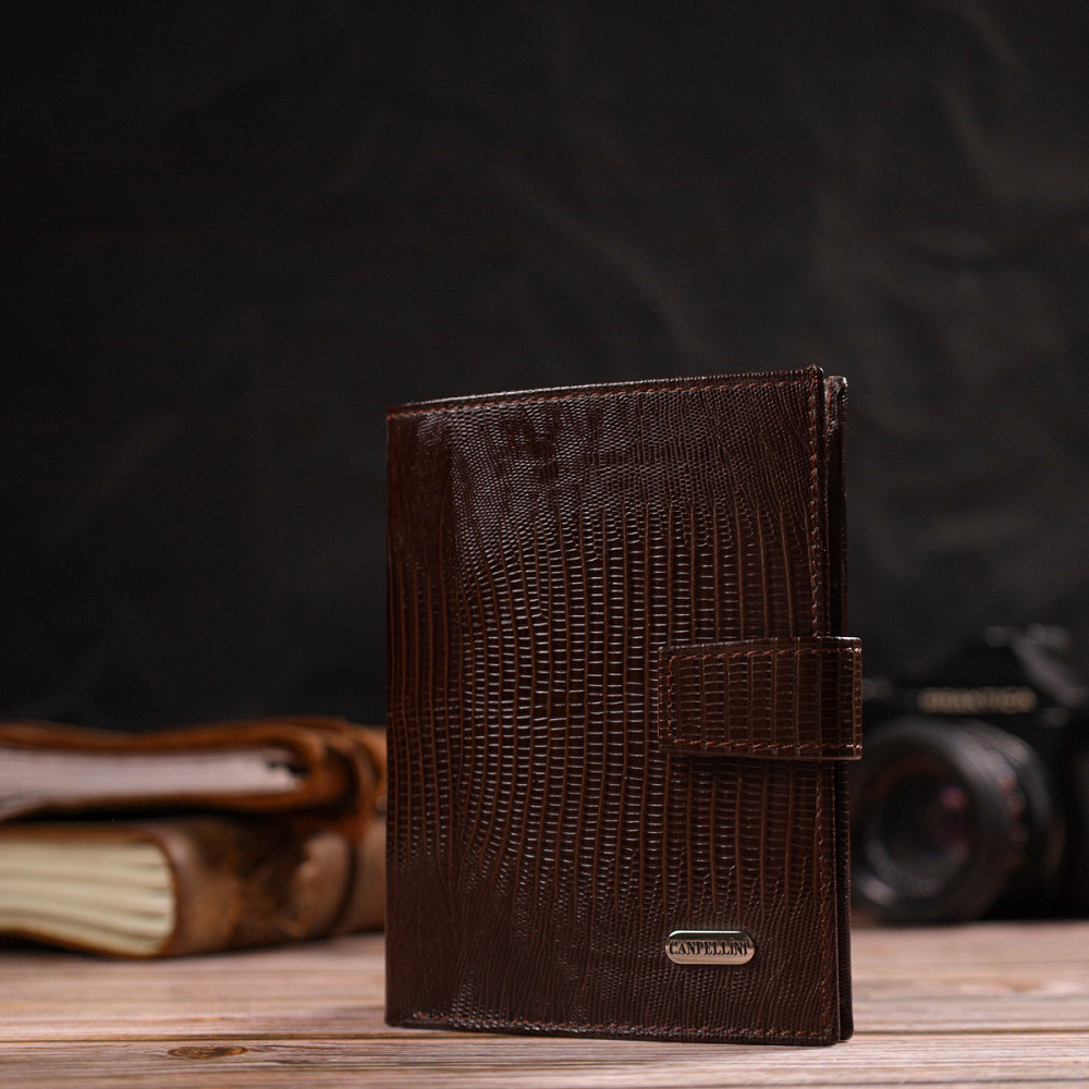 Оригинальное вертикальное мужское портмоне среднего размера из натуральной кожи с тиснением CANPELLINI 21734 Коричневое Киев - изображение 3