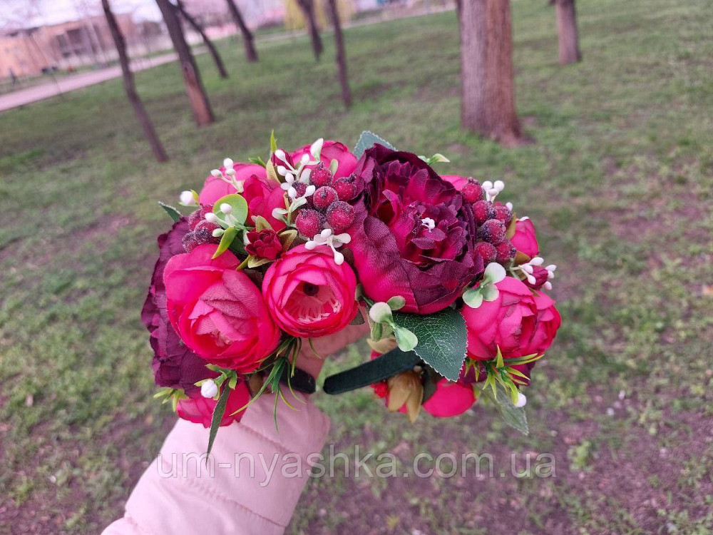 Ободок обруч з квітами "Піони великий бордовий" Кривий Ріг - фото 5