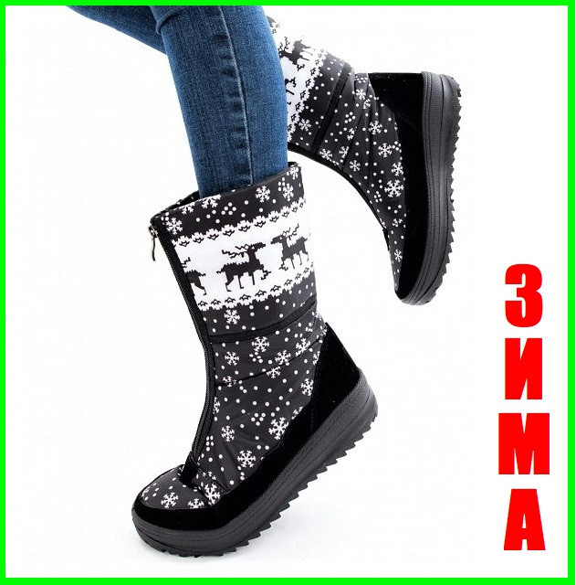 Зимові жіночі Дутики Чоботи на Хуху Теплі Чорні з Оленами (розміри: 37,38,39,40) Дніпро - фото 4
