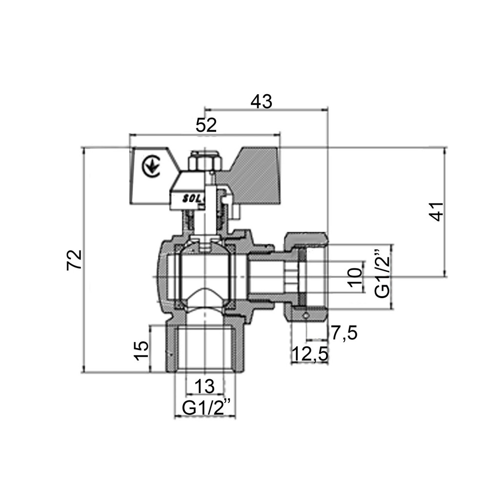 Кран кульовий кутовий з накидною гайкою SOLOMON 1/2″ ВВ PN40 (V3002-S) Київ - фото 3