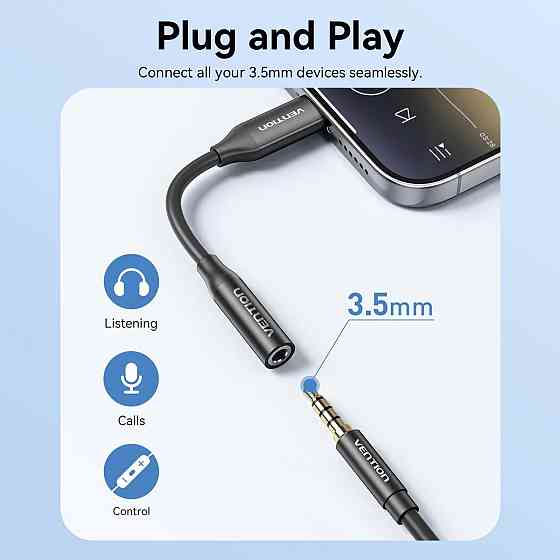 Перехідник USB-C --> аудіо Jack 3.5мм, Aluminum Alloy, чорний Vention Вінниця