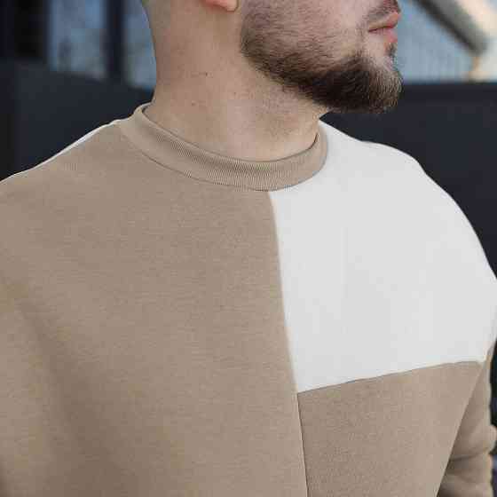 Мужской двухцветный стильный свитшот Pobedov The One. Свитшот оверсайт осенне-зимний молочно-песочный Киев