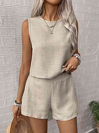 Жіночий літній костюм-двійка: топ і шорти жатий льон Беж, 46/48 Одеса