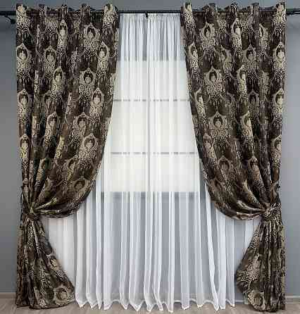 Комплект штор на люверсах VR-Textil Парча № 1774ш Венге с бежевым 155х270 см 2 шт (37-0263) Киев