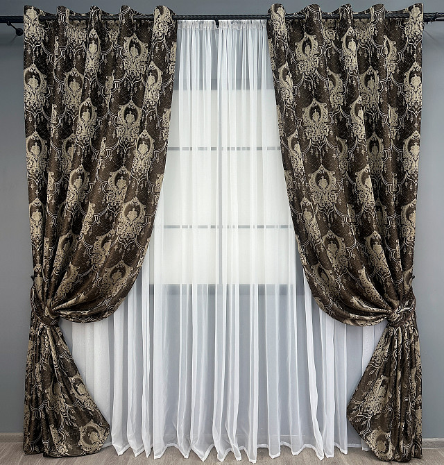 Комплект штор на люверсах VR-Textil Парча № 1774ш Венге с бежевым 155х270 см 2 шт (37-0263) Киев - изображение 2