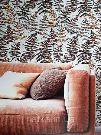 Ообои флізелінові еко Decoprint Essentials EE22543 листя папороті коричневі бурштинові чорні на білому Київ