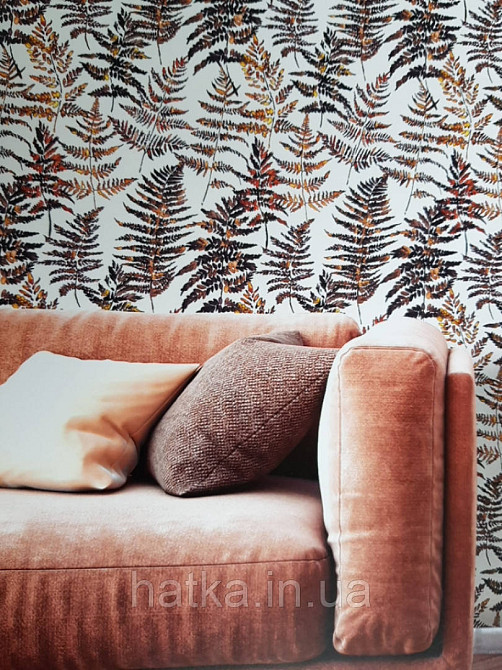 Ообои флізелінові еко Decoprint Essentials EE22543 листя папороті коричневі бурштинові чорні на білому Київ - фото 1