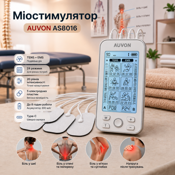 Аккумуляторный мышечный стимулятор AUVON TENS AS8016 Silver, 24 режима, Type-C, электроимпульсный массажер, 5 электродных пластин Киев