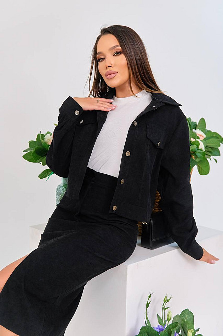 Женский стильный костюм двойка: жакет и юбка микровельвет Черный, 46 Одесса - изображение 4