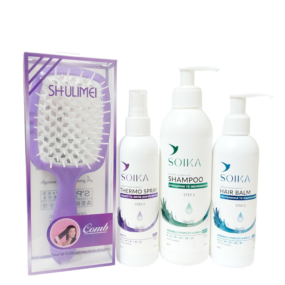 Набор для ухода за волосами Soika (Термозащита 200 мл Бальзам кондиционер 200 мл Шампунь 300 мл расческа) Запорожье - изображение 1