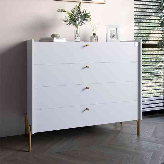 Комод с 4 ящиками LION Wood с золотыми ножками 100х90х45 см Нимфея Альба (белый) (LION-042969) ТОП Днепр