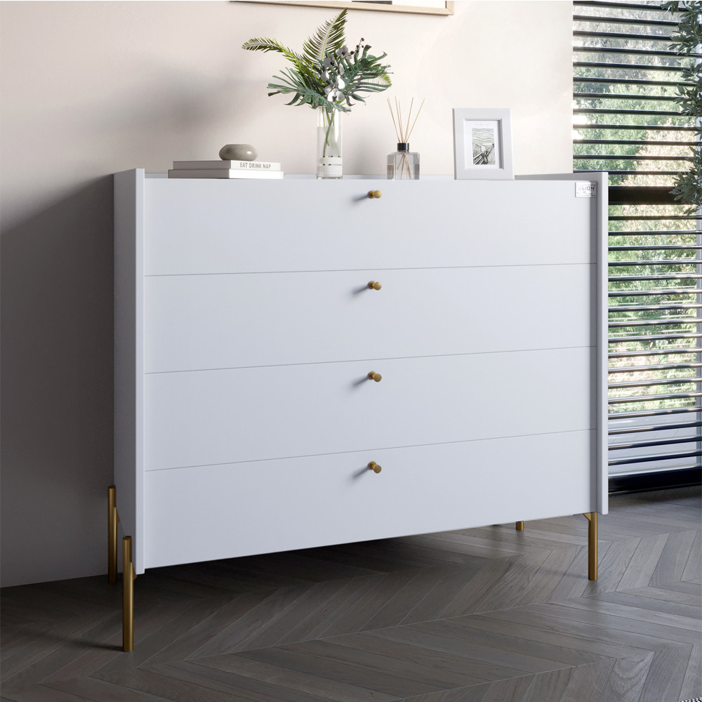 Комод с 4 ящиками LION Wood с золотыми ножками 100х90х45 см Нимфея Альба (белый) (LION-042969) ТОП Днепр - изображение 1