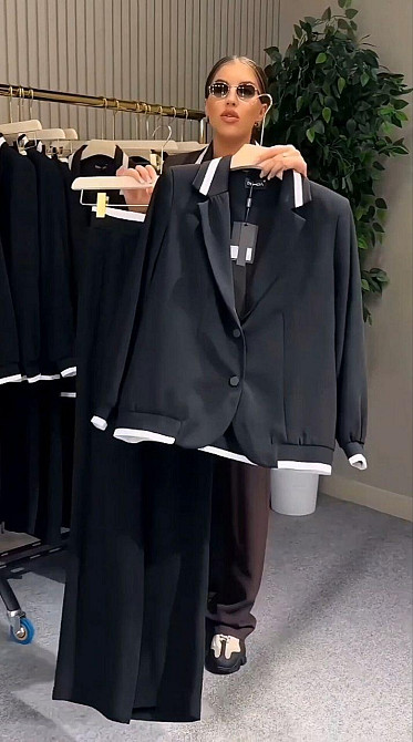 Женский стильный брючный костюм двойка: пиджак и штаны батал итальянский трикотаж Черный, 56/58 Одесса - изображение 2