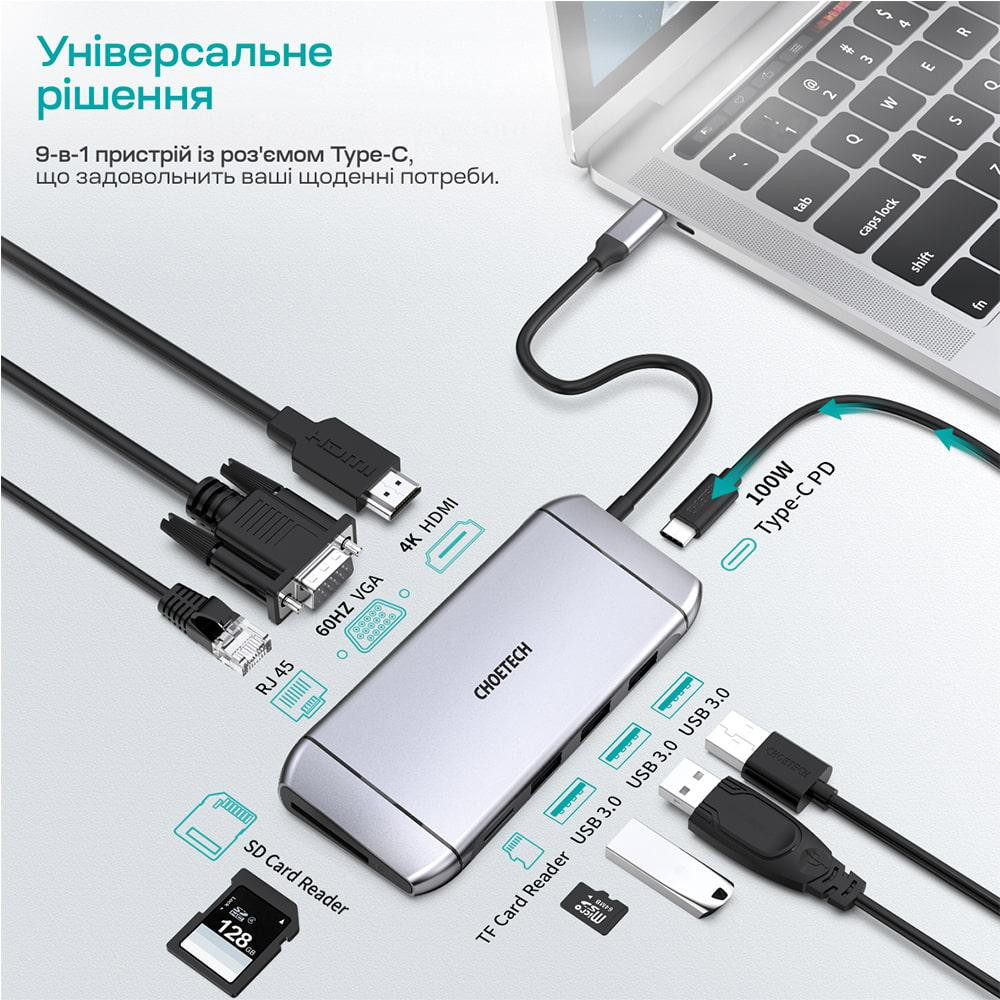 USB-C хаб 9-в-1 Choetech M15 HDMI 4K@30Hz, VGA, 3 USB3.0, RJ45, USB-C PD, SD-card, TF-card (43-00153) Киев - изображение 13