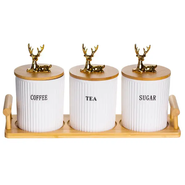 Yiwu Набір порцелянових банок для сипучих продуктів на підставці з ручками 3 шт по 400 мл SCT-6 Коломия - фото 1