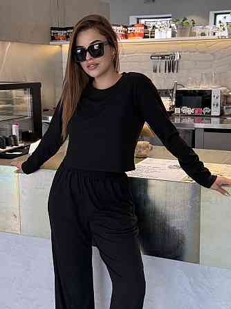 Женский костюм штаны с лонгсливом рубчик Бежевый Черный XS/S Харьков