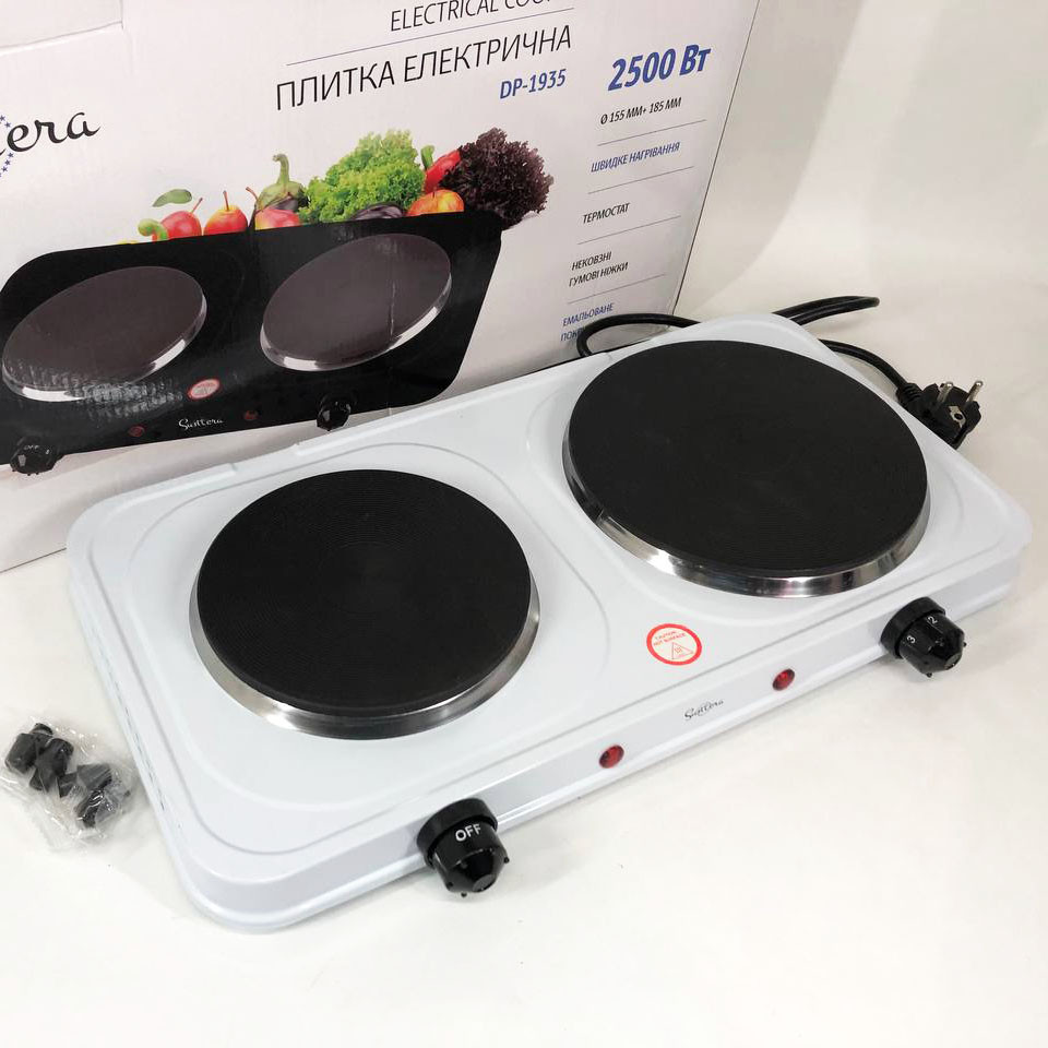 Плита побутова двоконфорочна Suntera DP-1935B, 2500W белая, Плита настільна емальована WQ-23 Івано-Франківськ - фото 3