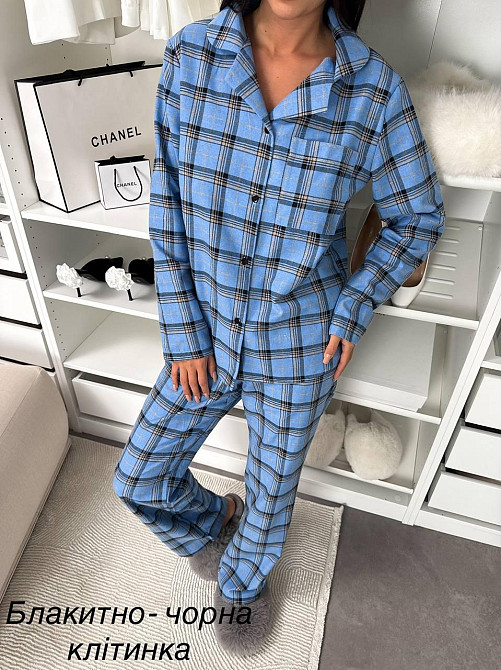 Женская домашняя повседневная в клетку пижама с фланели. черно-голубой, 42/44 Одесса - изображение 8
