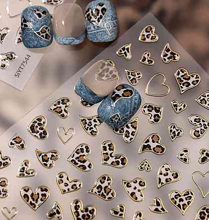 Наклейки для ногтей леопардовые сердца 3D, золотой декор маникюра, animal print nail art Киев