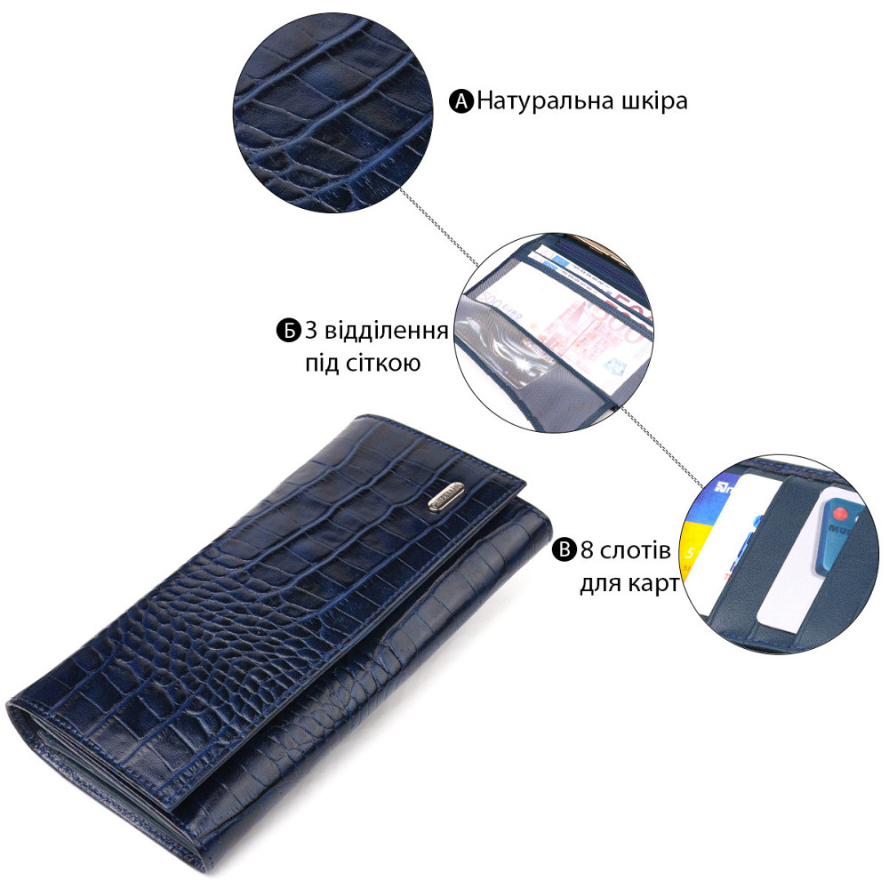 Надійний жіночий гаманець із монетницею із натуральної фактурної шкіри Синій (CANPELLINI) Київ - фото 8