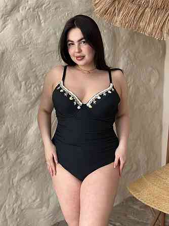 Жіночий купальник суцільний великого розміру на кісточках plus size на бретельках з морським декором чорний 3XL Одеса