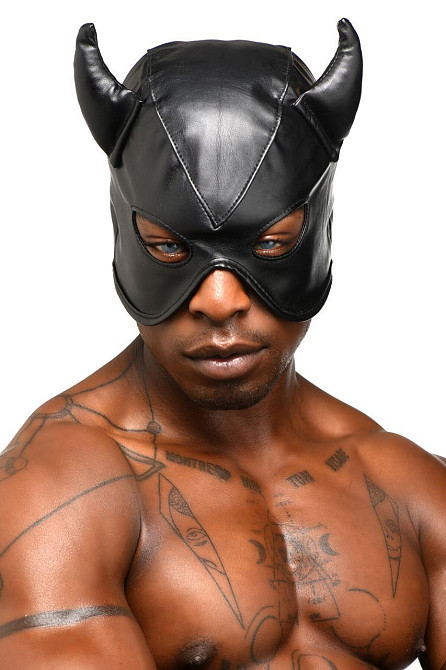 Маска з рогами Master Series: Dungeon Demon Bondage Mask with Horns, чорна Sex Aura Київ - фото 10