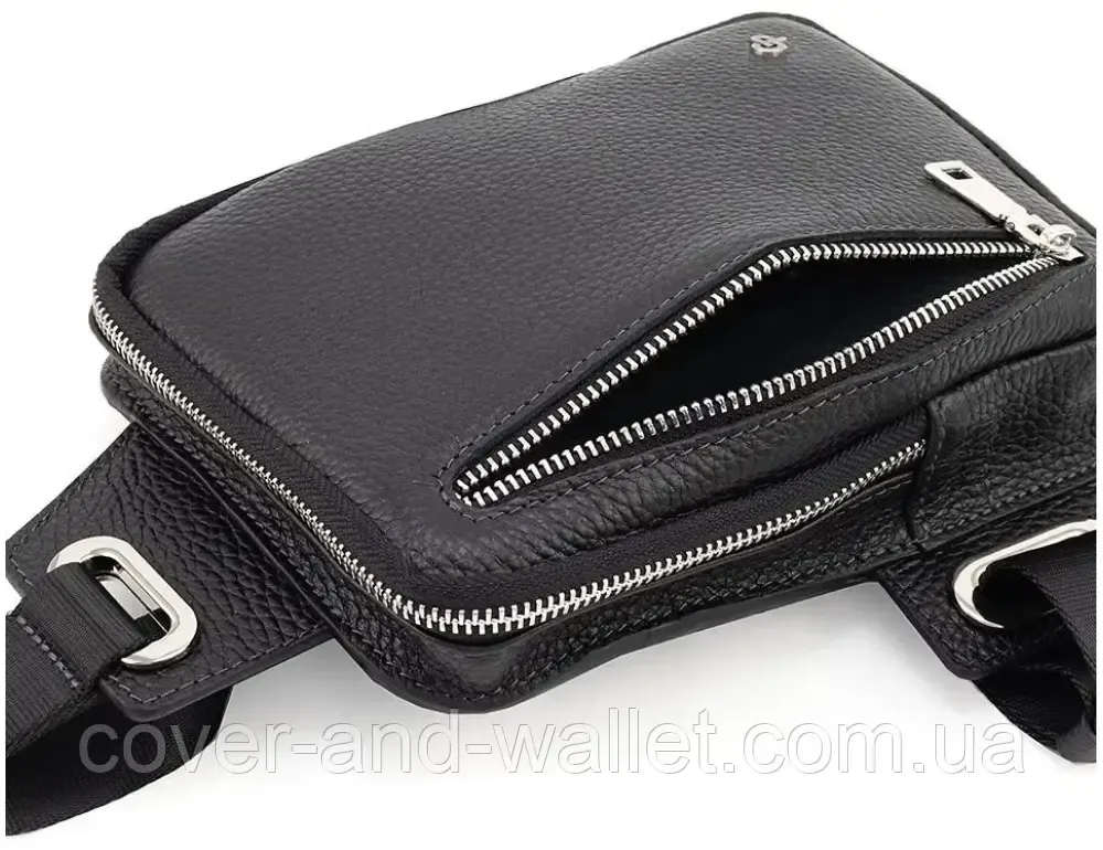 Стильная кожаная сумка-слинг маленького размера черного цвета Grande Pelle 739710 Киев - изображение 7