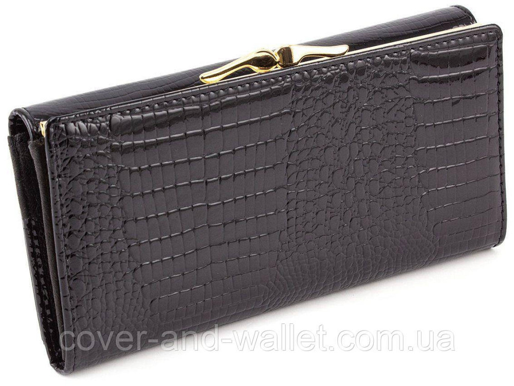 Чорний лаковий жіночий гаманець з натуральної шкіри на магнітній фіксації Marco Coverna Київ - фото 7