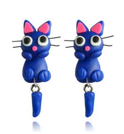 Серьги в виде кошки синие - длина 4см, полимерная глина Киев