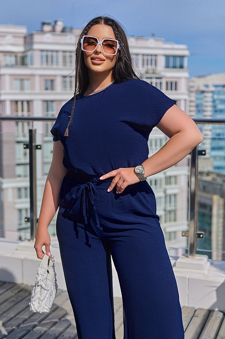 Літній жіночий костюм із жатки "Oasis" оптом | Батал Темно-синій, 50-52 Київ - фото 1