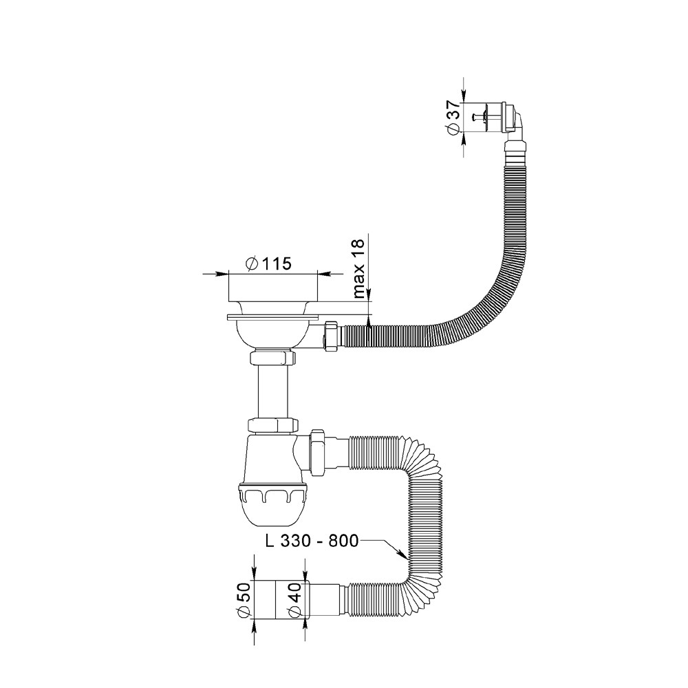 TAU Сифон для кухонной мойки с нержавеющим выпуском 3½" круглым переливом и гибким отводом Ø40/ Київ - фото 7