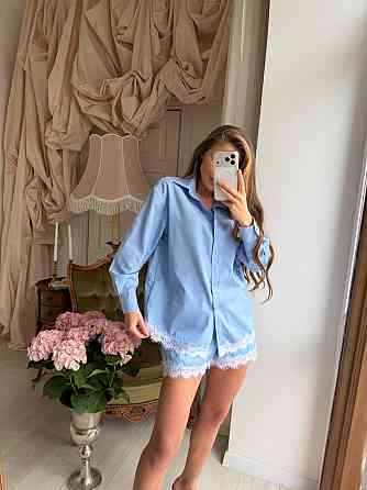Женский стильный летний льняной костюм с кружевом Голубой, 42/46 Одесса