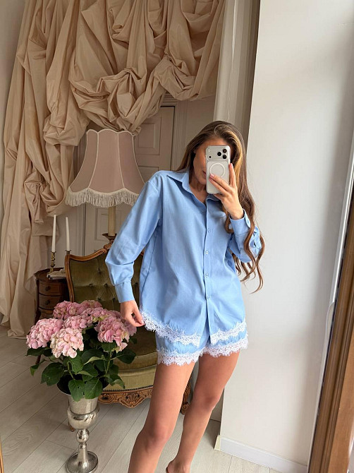 Женский стильный летний льняной костюм с кружевом Голубой, 42/46 Одесса - изображение 2