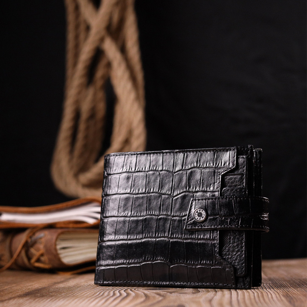 Стильный мужской кошелек из фактурной кожи под рептилию KARYA 21065 Черный Киев - изображение 3
