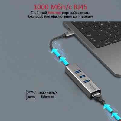 Концентратор Promate USB Hub 4 ports gigahub-c.grey (gigahub-c.grey) Винница