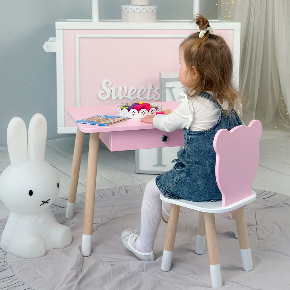 Дитячий столик і стільчик ведмедик рожевий. Столик із шухлядою для олівців і розмальовок Київ - фото 4