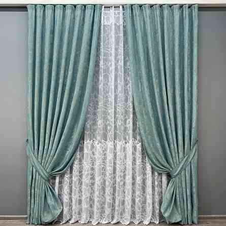 Комплект штор VR-Textil Жаккард Мрамор 200х270 2шт и Тюль 600х270 1292ш-1529т Бирюзовый с белым 71-185/7 Киев