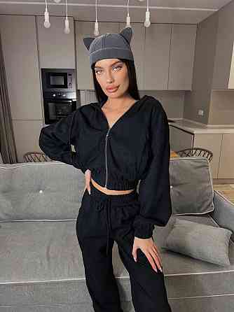 Женский прогулочный спортивный костюм двойка: кофта и штаны микровельвет Черный, 42/44 Одесса