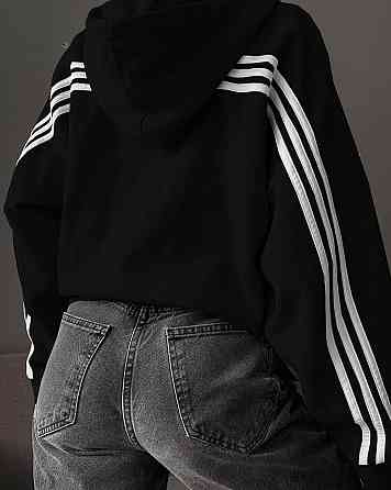 Жіноча оверсайз худі з лампасами на блискавці двонитка Чорний Одеса