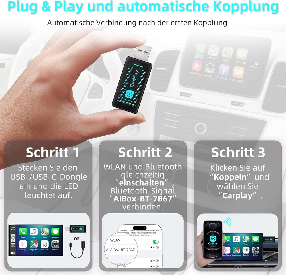 Бездротовий адаптер CarPlay для iPhone, Wireless Apple CarPlay USB, iOS 10+, авто 2016+, USB/USB-C Київ - фото 6