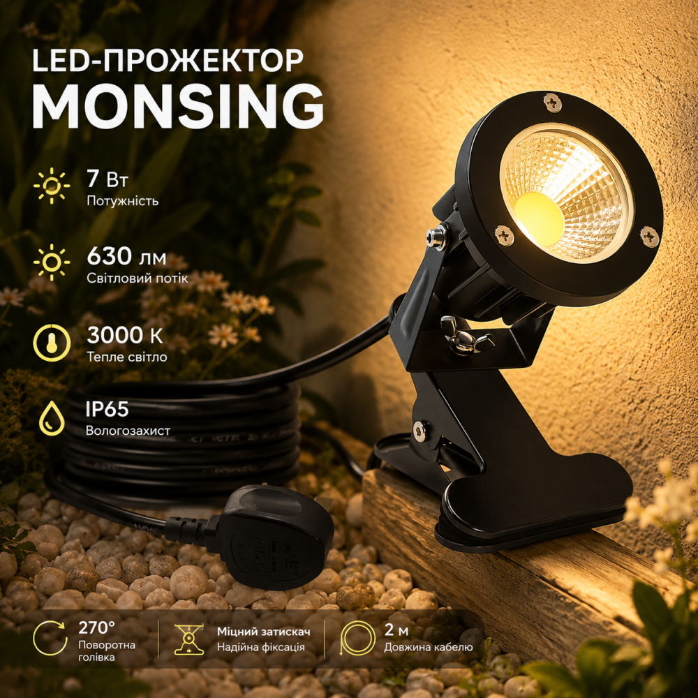 LED-прожектор Monsing 7 Вт 630 лм 3000K теплый белый, IP65, на зажиме, поворот 270°, кабель 2 м Киев - изображение 1