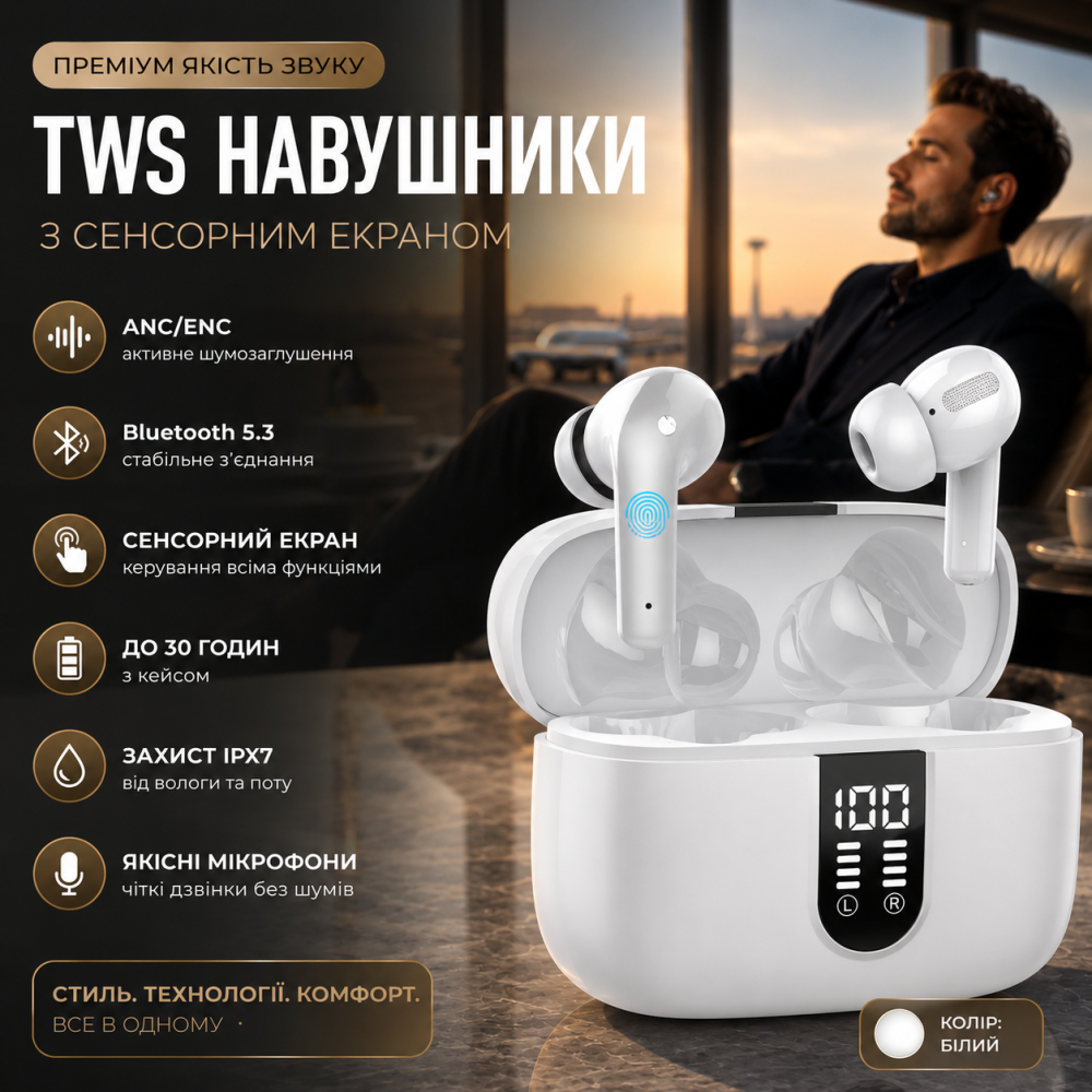 Бездротові TWS навушники X08: стереозвук, LED-дисплей, 40 годин роботи, захист IPX7 Київ - фото 6