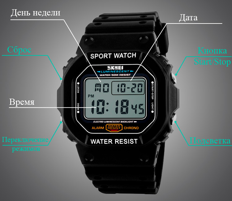 Чоловічий спортивний годинник Skmei 1134 (Чорний з білим екраном) Вінниця - фото 4