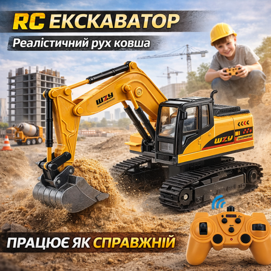 Гусеничний Екскаватор на пульті 🚜 дитячий RC з рухомим ковшем, 360° поворот, звук і світло, USB, акумулятор Київ