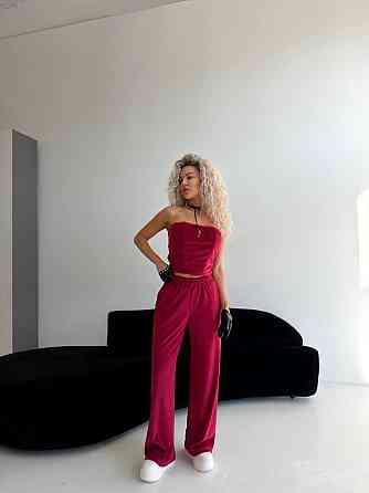 Жіночий велюровий костюм-трійка: кофта корсет і штани Бордовий, 48/52 Одеса