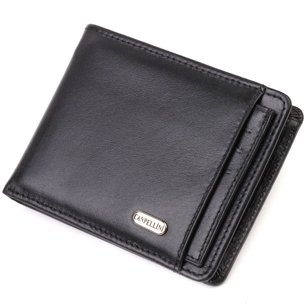Практичний компактний гаманець із вкладишем для посвідчення для чоловіків з натуральної гладкої шкіри Чорний (CANPELLINI) Київ - фото 5