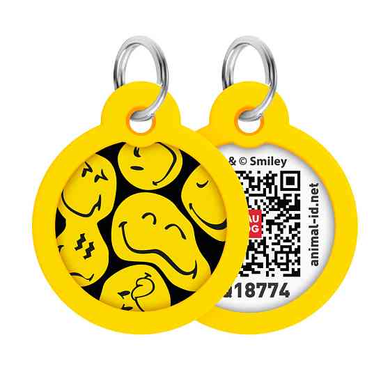 Адресник для собак і котів металевий WAUDOG Smart ID з QR паспортом, малюнок "Смайли на чорному", коло, Д 30 мм Київ