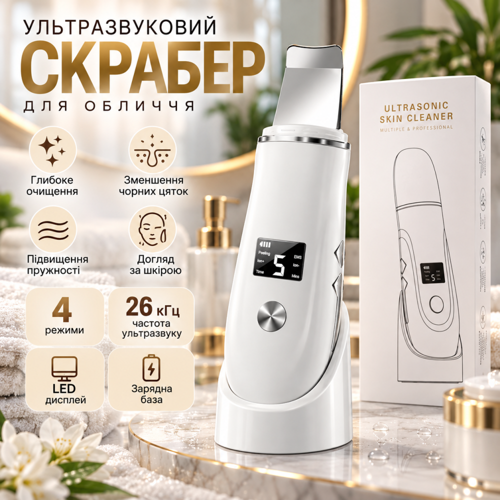 Ультразвуковий скрабер для обличчя AMLGG CPJ-39, 26 кГц, 4 режими, LED-дисплей, зарядна база, білий Київ - фото 1