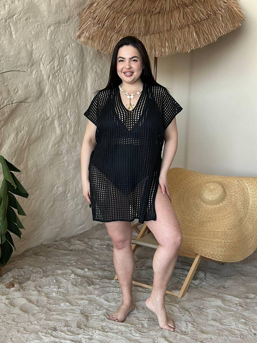 Пляжна туніка жіноча великого розміру накидка на купальник PLUS SIZE ажурна коротка вільного крою біла Одеса - фото 10